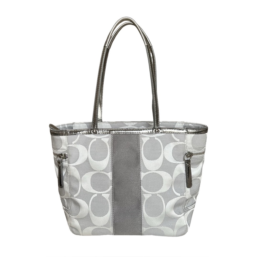 Coach Signature Stripe Tote Risotto Gray Jacquard Fabric & Silver Patent - Picture 4 of 10